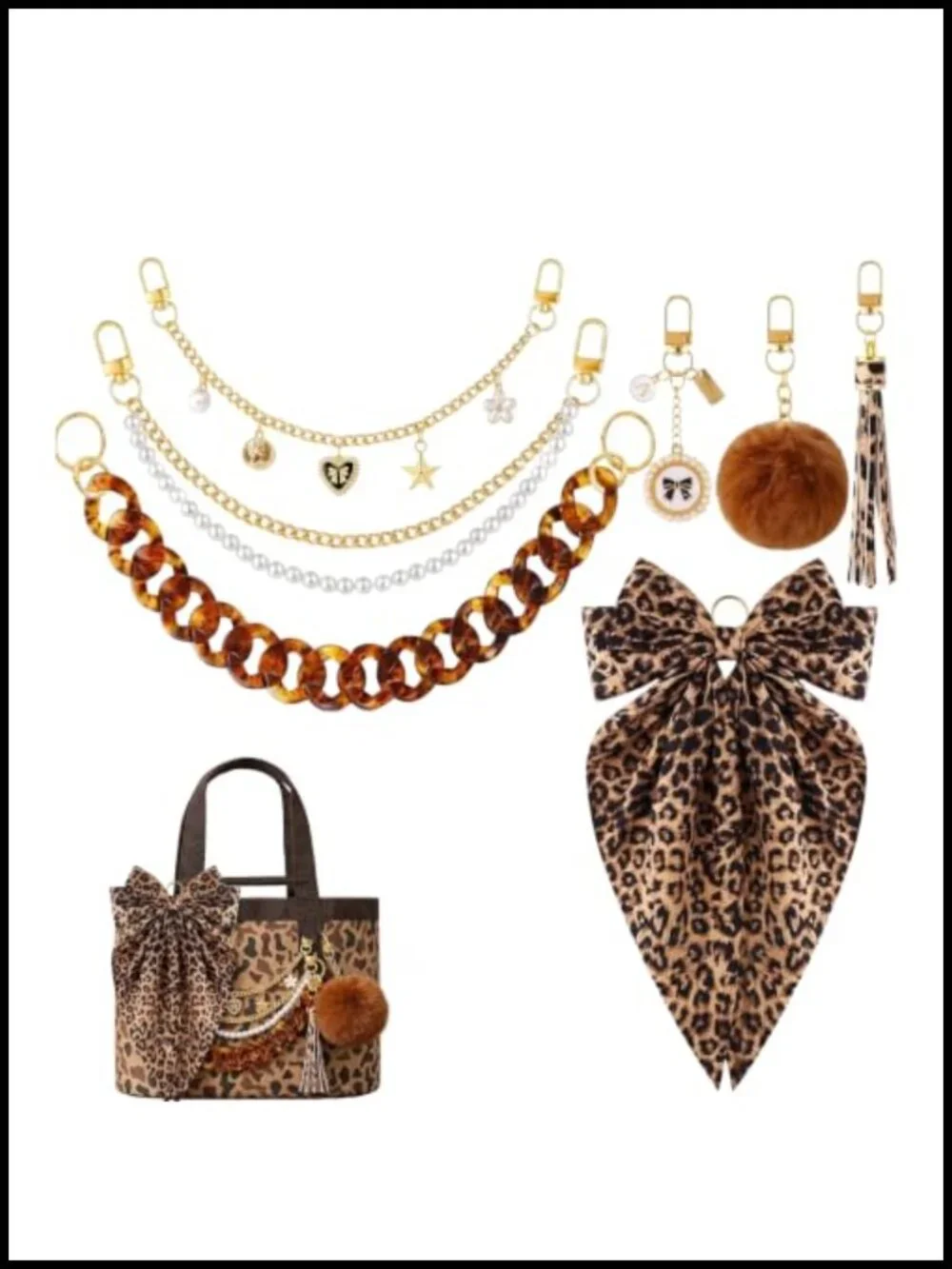 7 Piece Tote Bag Charm Set - Leopard Cheetah Bag Charms with Bow, Pearl, Pom